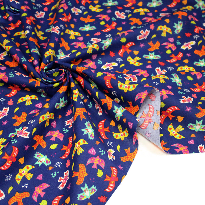 Tissu cotonnade fond bleu aux oiseaux multicolores - OEKO-TEX STANDARD 100