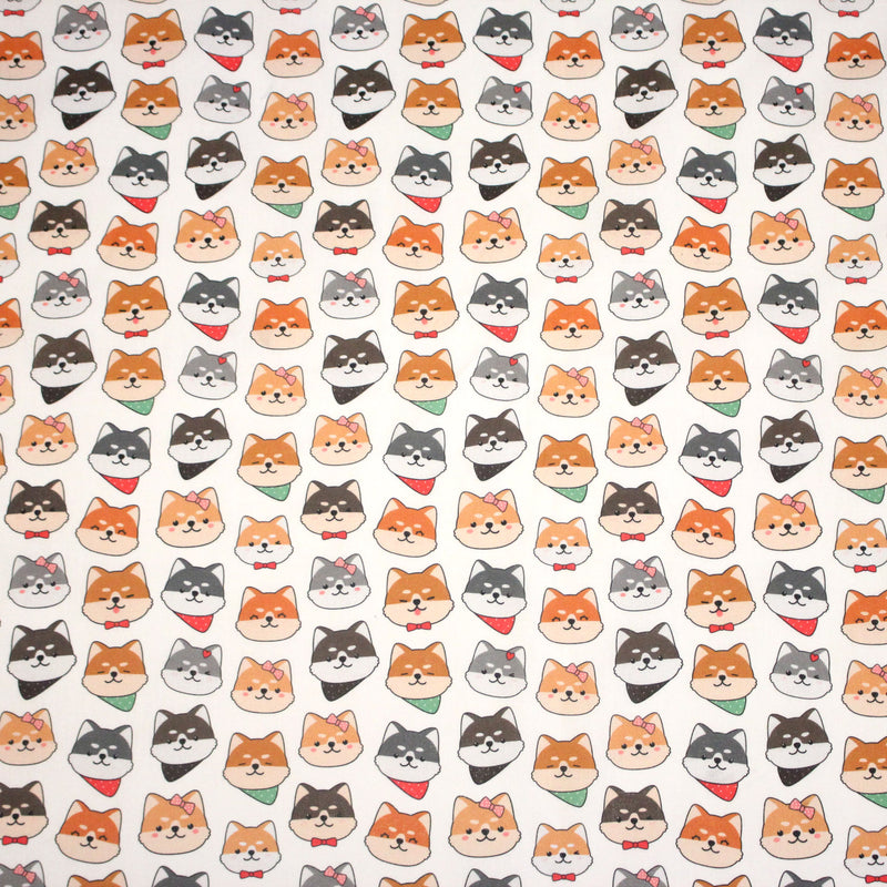 Tissu cotonnade KAWAII aux chiens japonais Shiba blancs, gris et roux, noeud papillon & bandanas - OEKO - TEX - TissusPapi.com