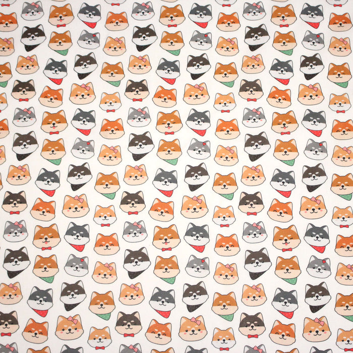 Tissu cotonnade KAWAII aux chiens japonais Shiba blancs, gris et roux, noeud papillon & bandanas - OEKO-TEX