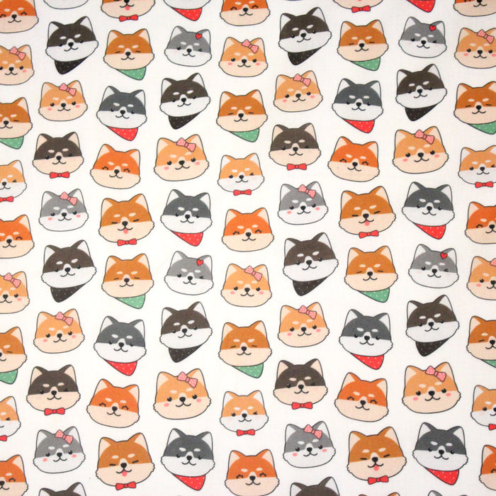 Tissu cotonnade KAWAII aux chiens japonais Shiba blancs, gris et roux, noeud papillon & bandanas - OEKO-TEX