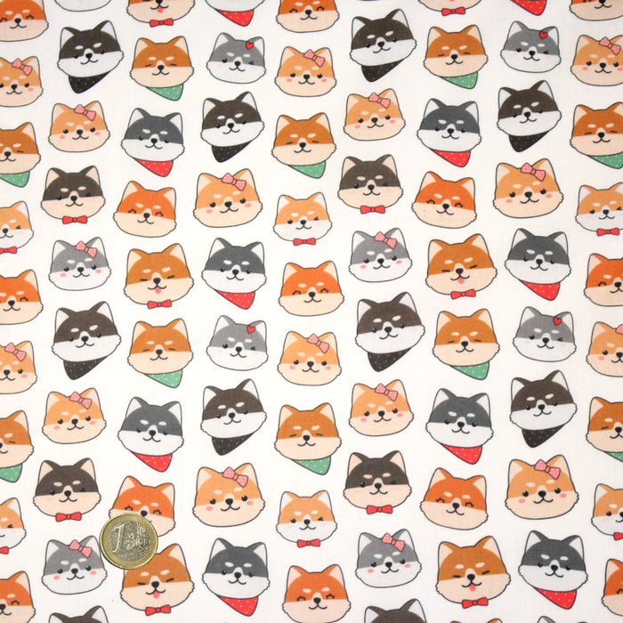 Tissu cotonnade KAWAII aux chiens japonais Shiba blancs, gris et roux, noeud papillon & bandanas - OEKO-TEX