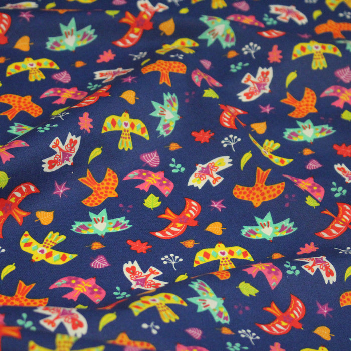Tissu cotonnade fond bleu aux oiseaux multicolores - OEKO-TEX STANDARD 100