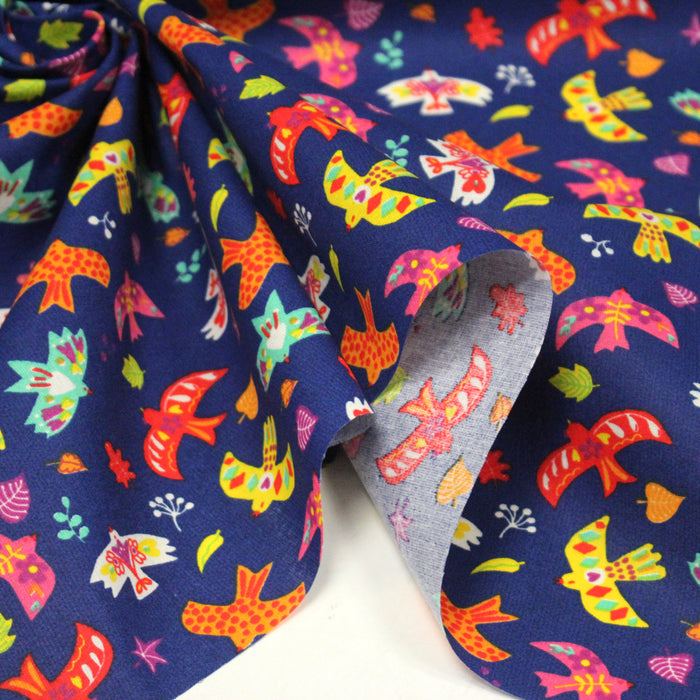 Tissu cotonnade fond bleu aux oiseaux multicolores - OEKO-TEX STANDARD 100