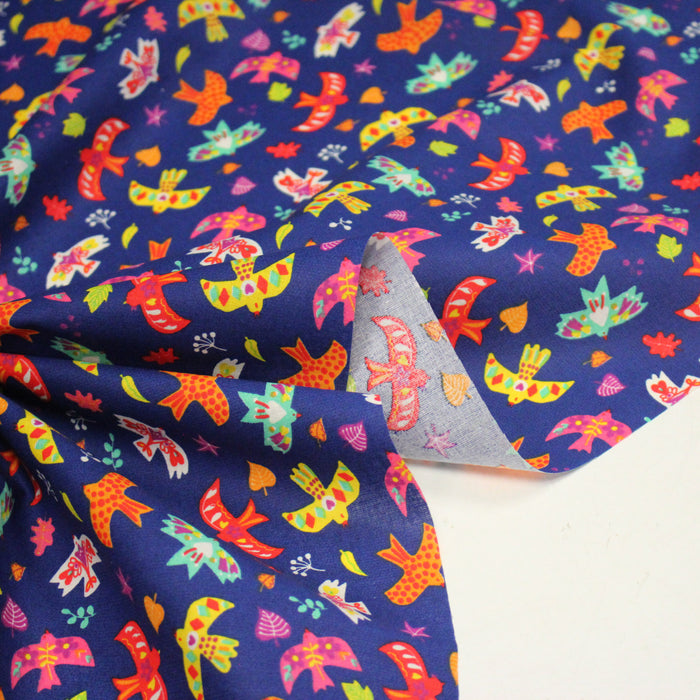 Tissu cotonnade fond bleu aux oiseaux multicolores - OEKO-TEX STANDARD 100