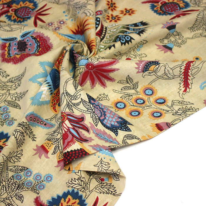 Tissu coton fin imprimé INDIENNES, jaune aux fleurs et motifs indiens multicolores - TissusPapi.com