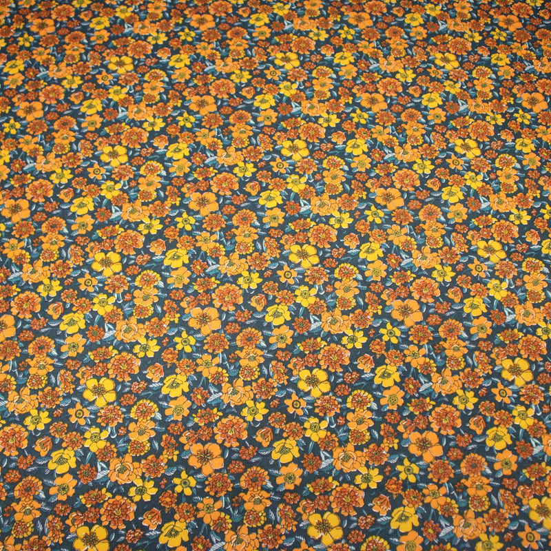 Tissu cotonnade motif fleuri bleu canard & jaune orange - OEKO - TEX STANDARD 100 - TissusPapi.com