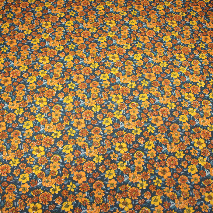 Tissu cotonnade motif fleuri bleu canard & jaune orange  - OEKO-TEX STANDARD 100