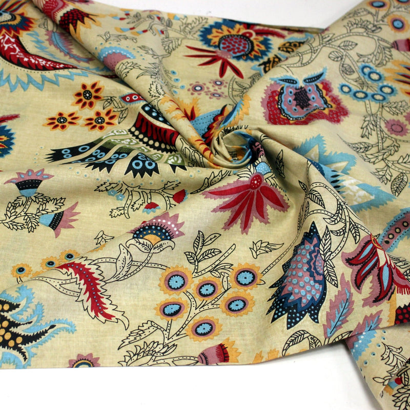 Tissu coton fin imprimé INDIENNES, jaune aux fleurs et motifs indiens multicolores - TissusPapi.com