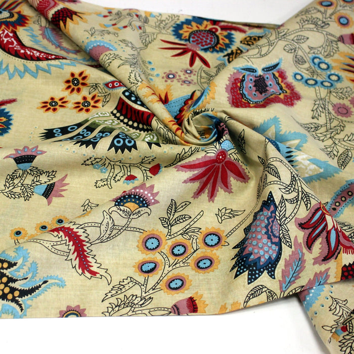 Tissu coton fin imprimé INDIENNES, jaune aux fleurs et motifs indiens multicolores - TissusPapi.com