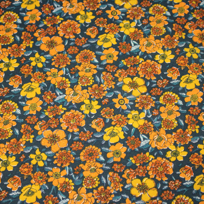 Tissu cotonnade motif fleuri bleu canard & jaune orange  - OEKO-TEX STANDARD 100