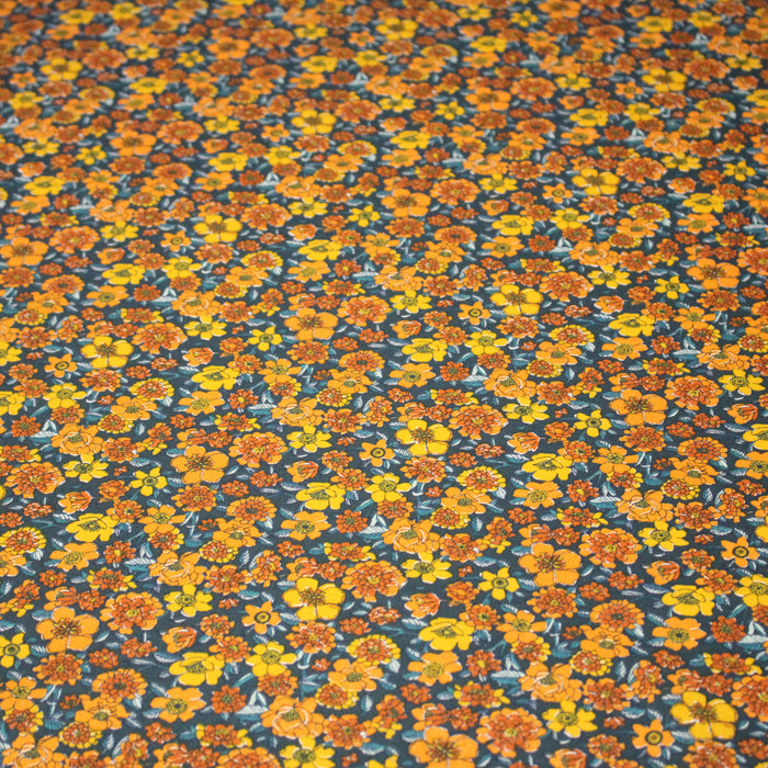 Tissu cotonnade motif fleuri bleu canard & jaune orange  - OEKO-TEX STANDARD 100