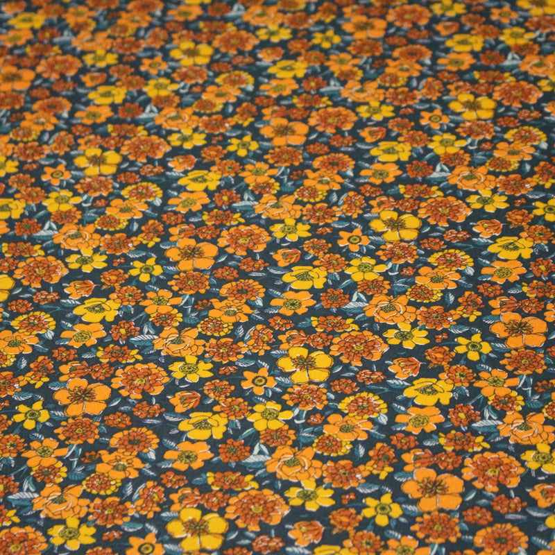 Tissu cotonnade motif fleuri bleu canard & jaune orange - OEKO - TEX STANDARD 100 - TissusPapi.com