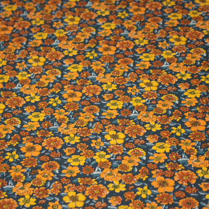 Tissu cotonnade motif fleuri bleu canard & jaune orange  - OEKO-TEX STANDARD 100
