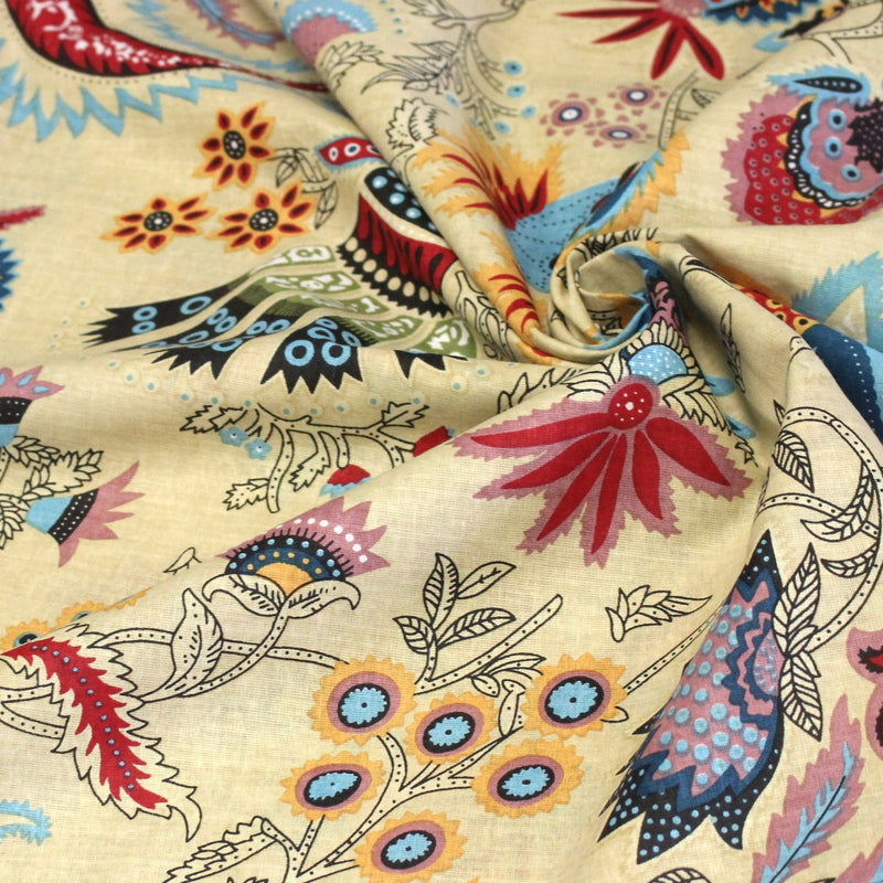 Tissu coton fin imprimé INDIENNES, jaune aux fleurs et motifs indiens multicolores - TissusPapi.com
