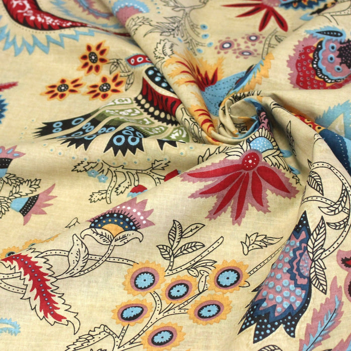 Tissu coton fin imprimé INDIENNES, jaune aux fleurs et motifs indiens multicolores - TissusPapi.com