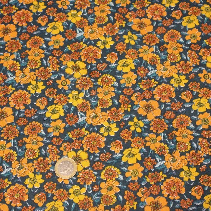 Tissu cotonnade motif fleuri bleu canard & jaune orange  - OEKO-TEX STANDARD 100