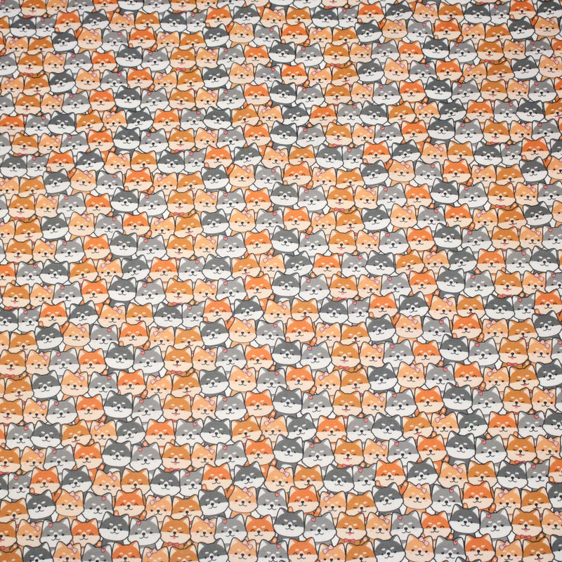 Tissu cotonnade KAWAII aux chiens japonais Shiba blancs, gris et roux, noeud papillon - OEKO - TEX - TissusPapi.com