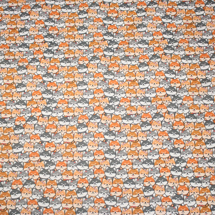 Tissu cotonnade KAWAII aux chiens japonais Shiba blancs, gris et roux, noeud papillon - OEKO-TEX