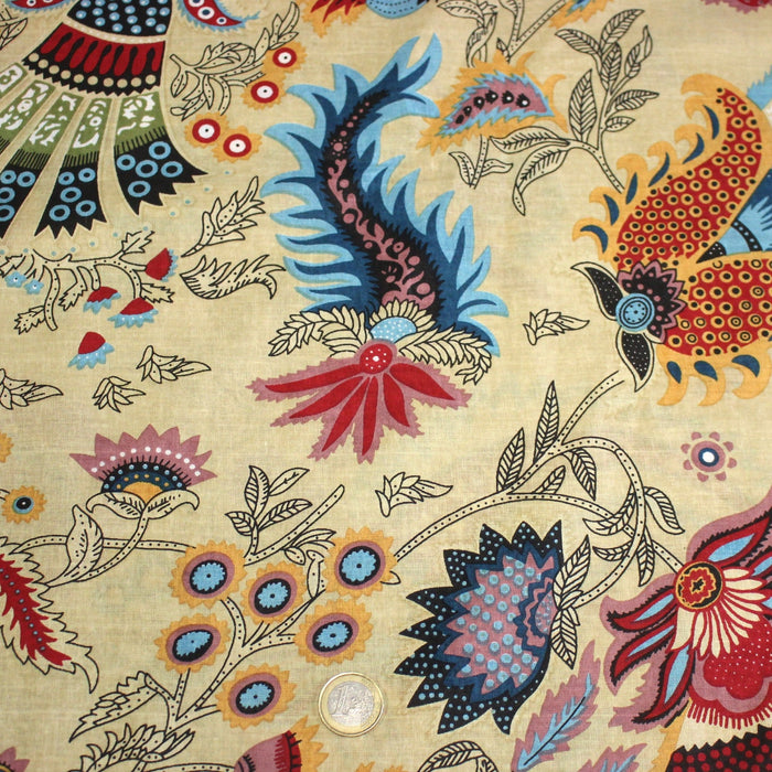 Tissu coton fin imprimé INDIENNES, jaune aux fleurs et motifs indiens multicolores - TissusPapi.com