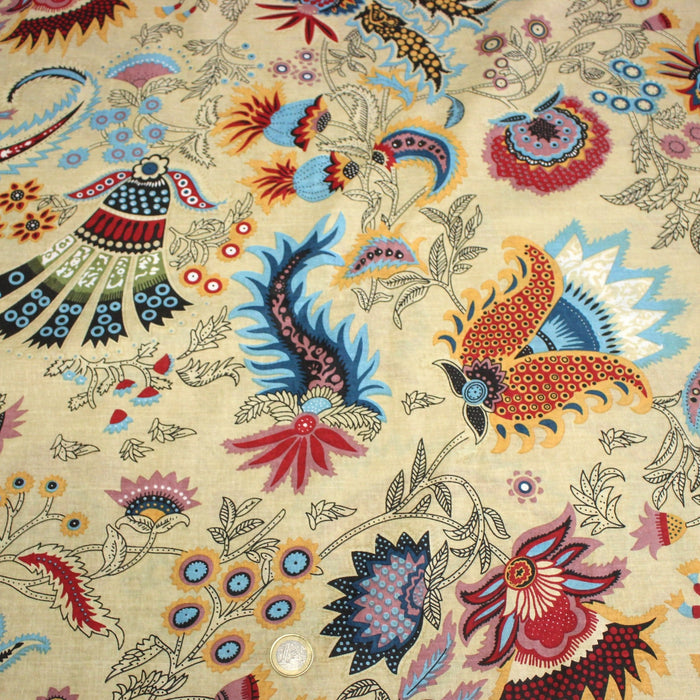 Tissu coton fin imprimé INDIENNES, jaune aux fleurs et motifs indiens multicolores - TissusPapi.com
