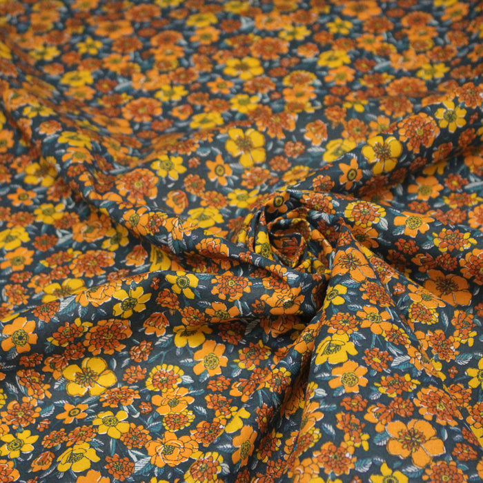 Tissu cotonnade motif fleuri bleu canard & jaune orange  - OEKO-TEX STANDARD 100