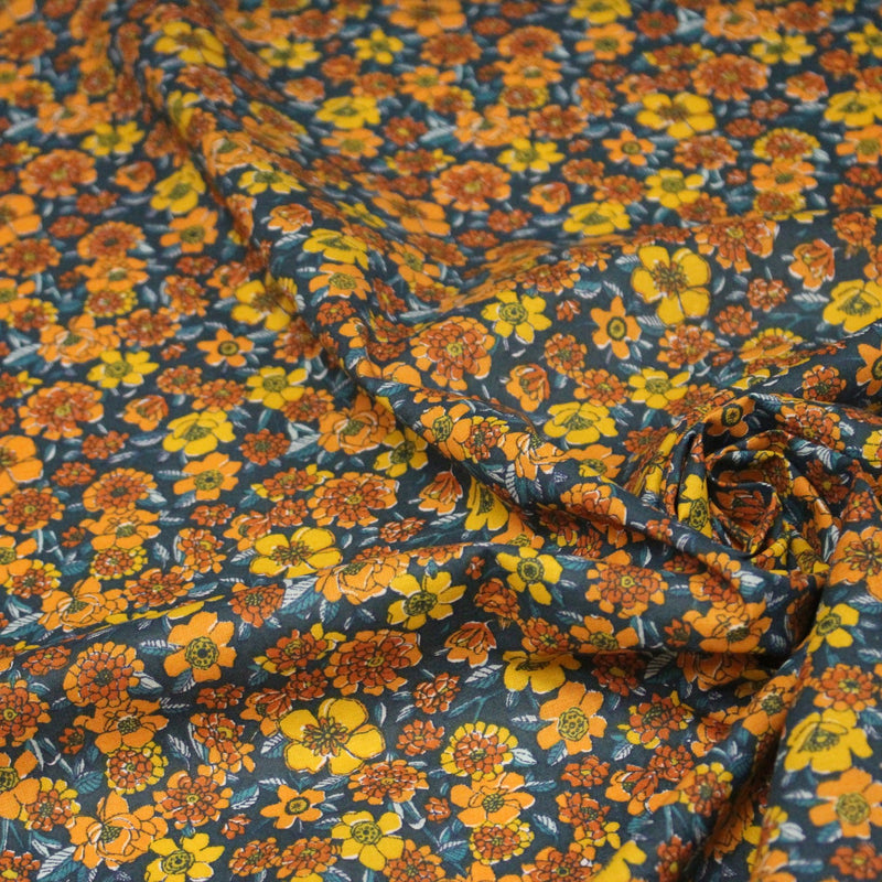 Tissu cotonnade motif fleuri bleu canard & jaune orange - OEKO - TEX STANDARD 100 - TissusPapi.com