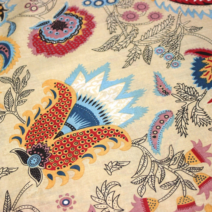 Tissu coton fin imprimé INDIENNES, jaune aux fleurs et motifs indiens multicolores - TissusPapi.com