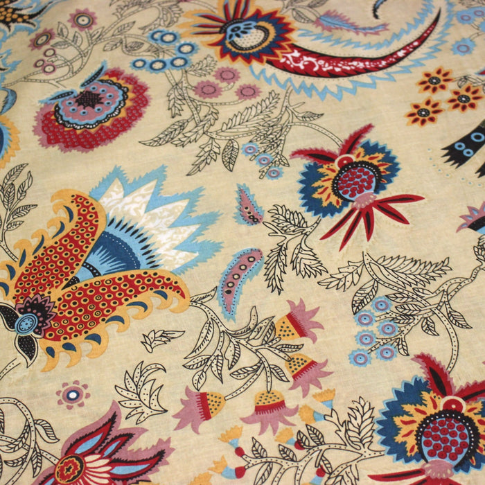 Tissu coton fin imprimé INDIENNES, jaune aux fleurs et motifs indiens multicolores - TissusPapi.com