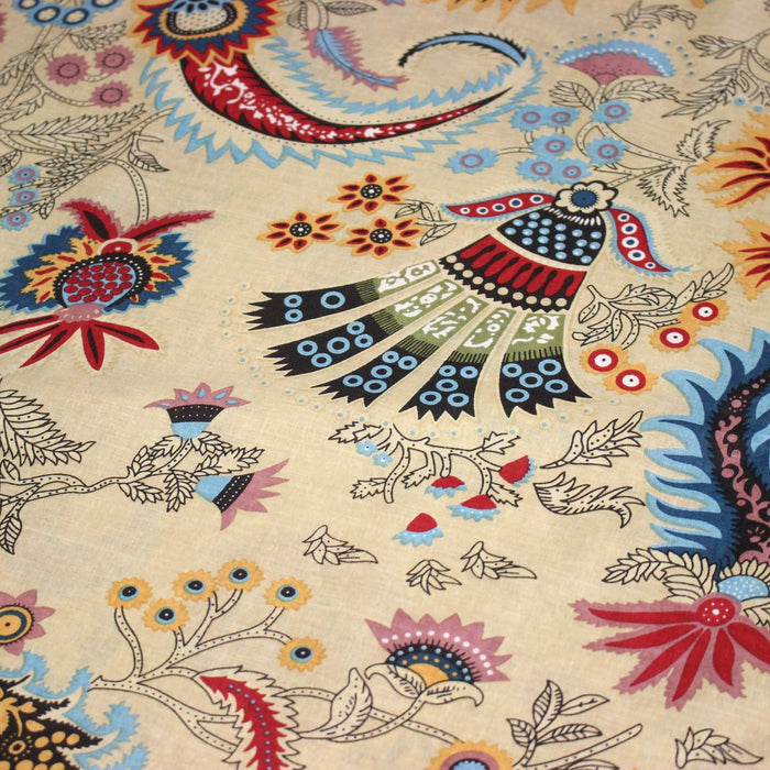 Tissu coton fin imprimé INDIENNES, jaune aux fleurs et motifs indiens multicolores - TissusPapi.com