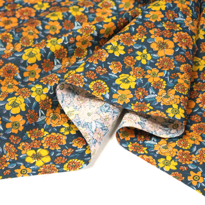 Tissu cotonnade motif fleuri bleu canard & jaune orange  - OEKO-TEX STANDARD 100
