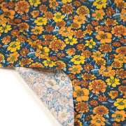 Tissu cotonnade motif fleuri bleu canard & jaune orange - OEKO - TEX STANDARD 100 - TissusPapi.com