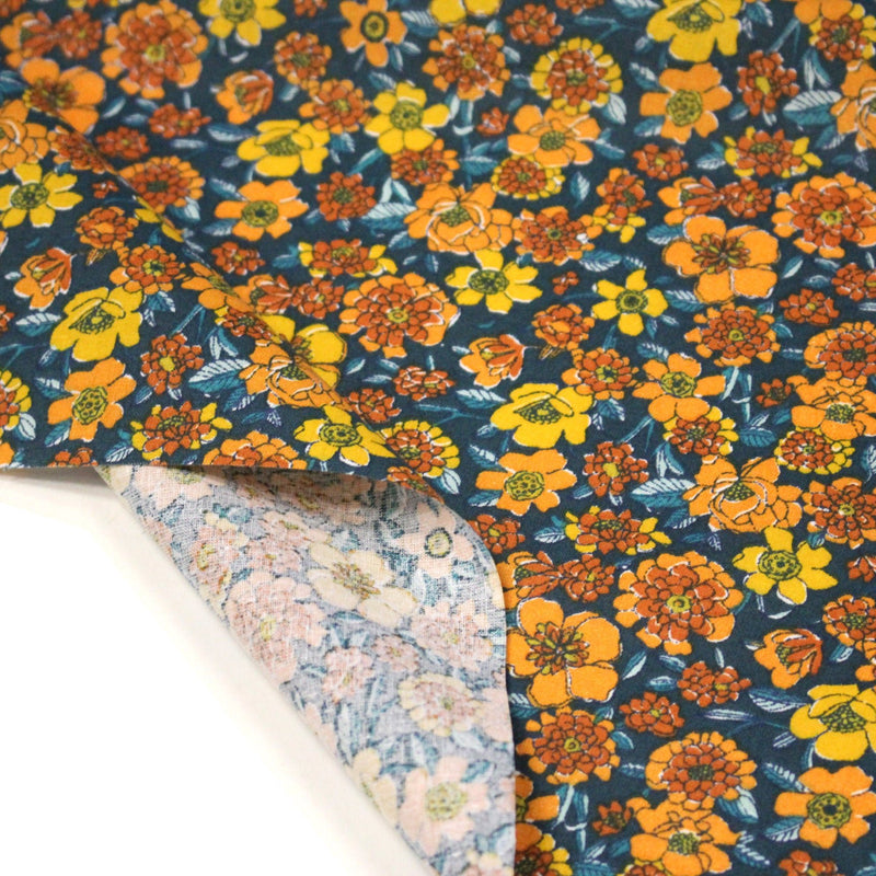 Tissu cotonnade motif fleuri bleu canard & jaune orange - OEKO - TEX STANDARD 100 - TissusPapi.com