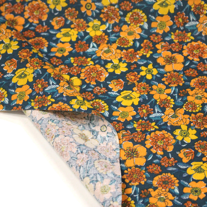 Tissu cotonnade motif fleuri bleu canard & jaune orange  - OEKO-TEX STANDARD 100