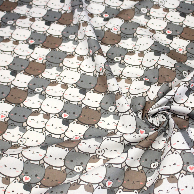 Tissu cotonnade KAWAII aux chats japonais blancs et gris - OEKO - TEX - TissusPapi.com