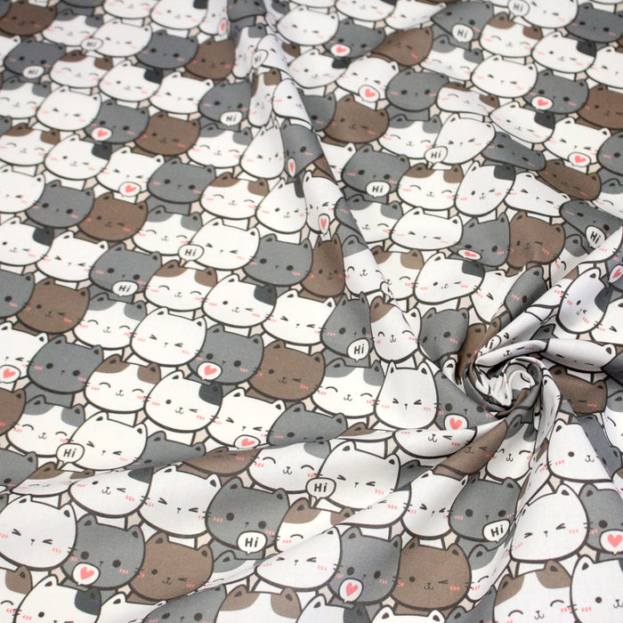 Tissu cotonnade KAWAII aux chats japonais blancs et gris - OEKO-TEX