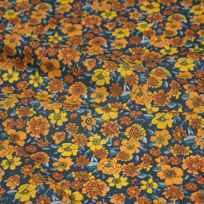 Tissu cotonnade motif fleuri bleu canard & jaune orange  - OEKO-TEX STANDARD 100