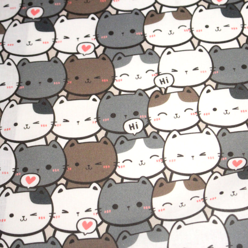 Tissu cotonnade KAWAII aux chats japonais blancs et gris - OEKO - TEX - TissusPapi.com