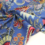 Tissu coton fin imprimé INDIENNES, bleu aux fleurs et motifs indiens multicolores - TissusPapi.com