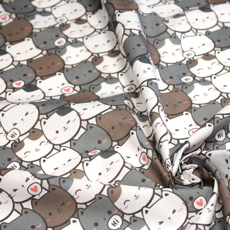 Tissu cotonnade KAWAII aux chats japonais blancs et gris - OEKO - TEX - TissusPapi.com