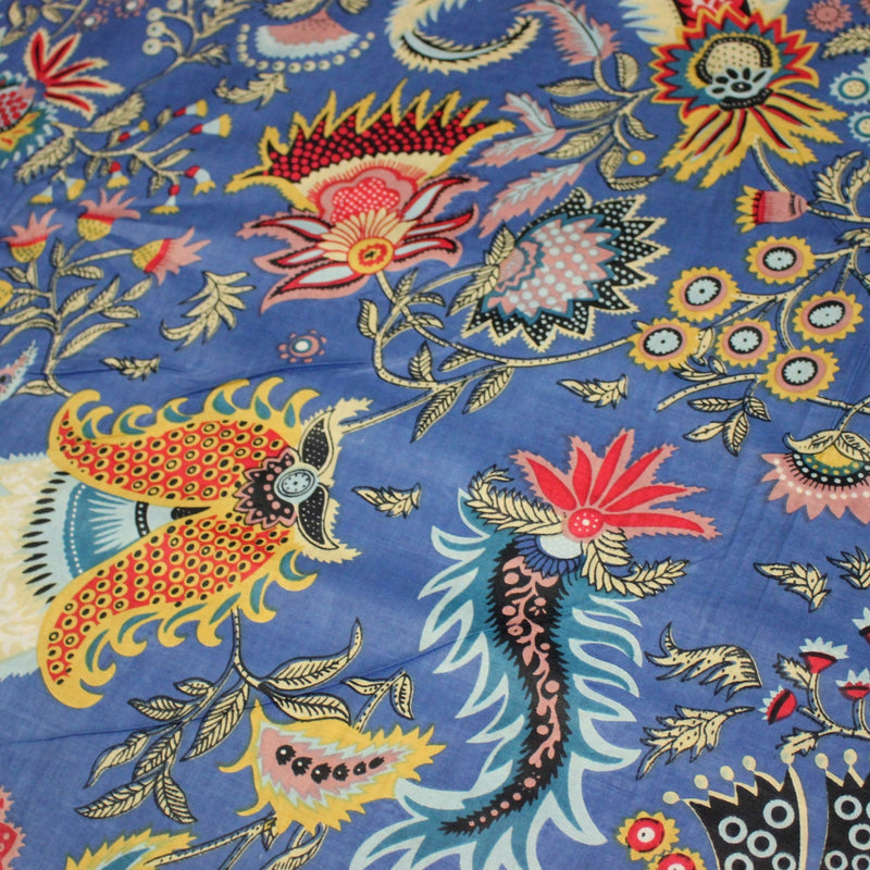 Tissu coton fin imprimé INDIENNES, bleu aux fleurs et motifs indiens multicolores - TissusPapi.com
