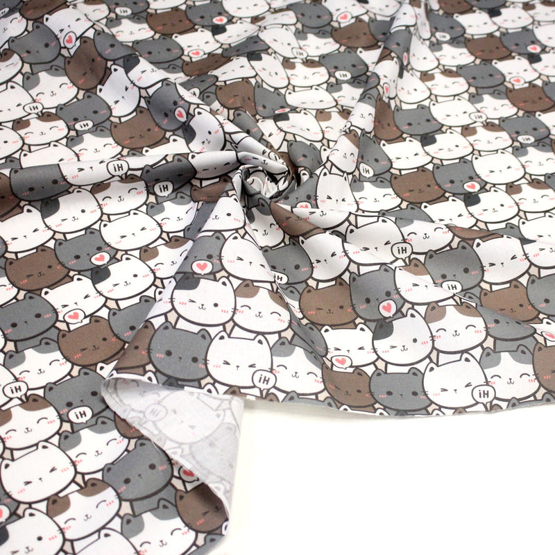Tissu cotonnade KAWAII aux chats japonais blancs et gris - OEKO - TEX - TissusPapi.com