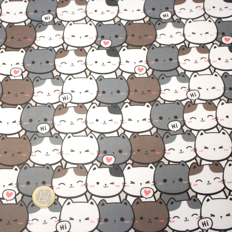Tissu cotonnade KAWAII aux chats japonais blancs et gris - OEKO - TEX - TissusPapi.com