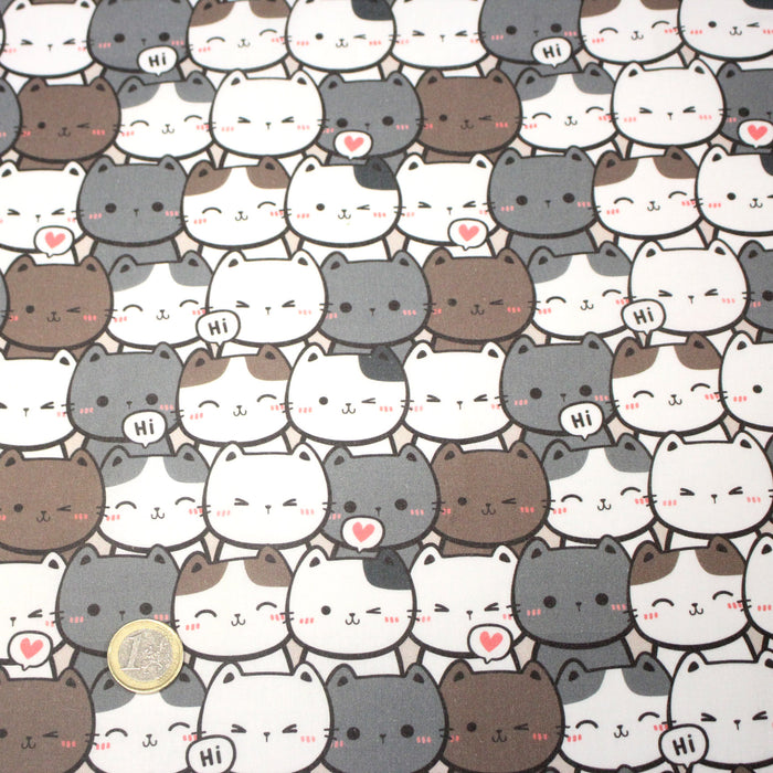 Tissu cotonnade KAWAII aux chats japonais blancs et gris - OEKO-TEX