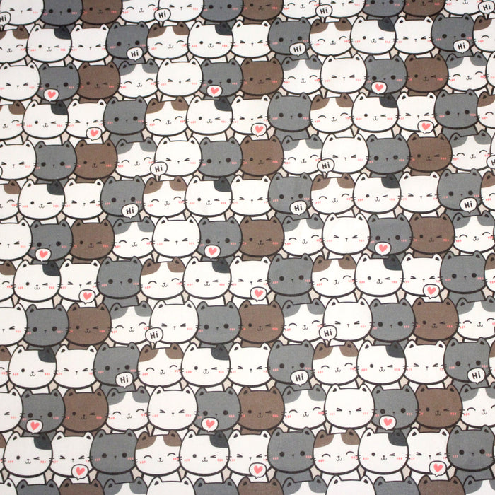 Tissu cotonnade KAWAII aux chats japonais blancs et gris - OEKO-TEX