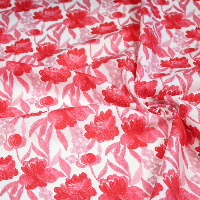 Tissu cotonnade fleurie rose fuchsia - COLLECTION FLEURS AU CRAYON - OEKO - TEX - TissusPapi.com