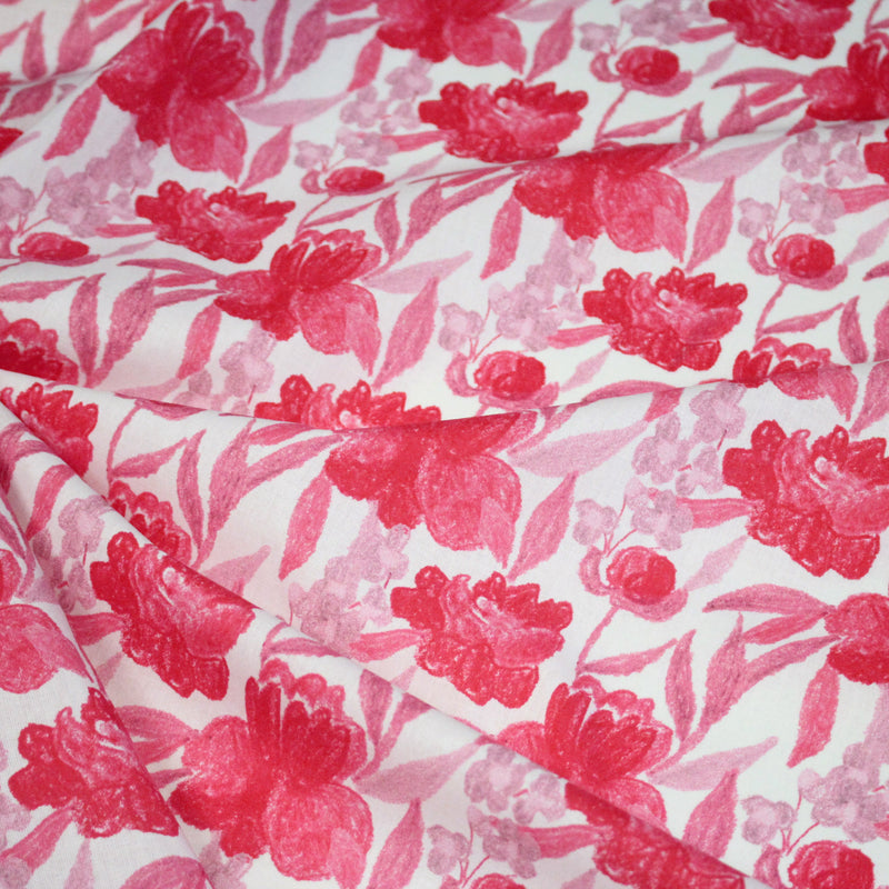 Tissu cotonnade fleurie rose fuchsia - COLLECTION FLEURS AU CRAYON - OEKO - TEX - TissusPapi.com