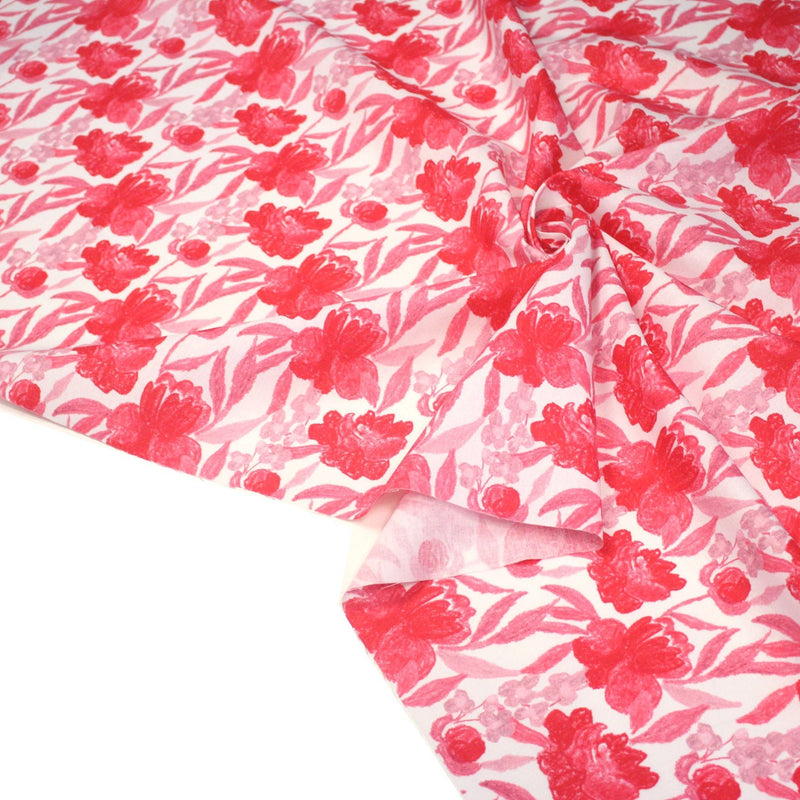 Tissu cotonnade fleurie rose fuchsia - COLLECTION FLEURS AU CRAYON - OEKO - TEX - TissusPapi.com
