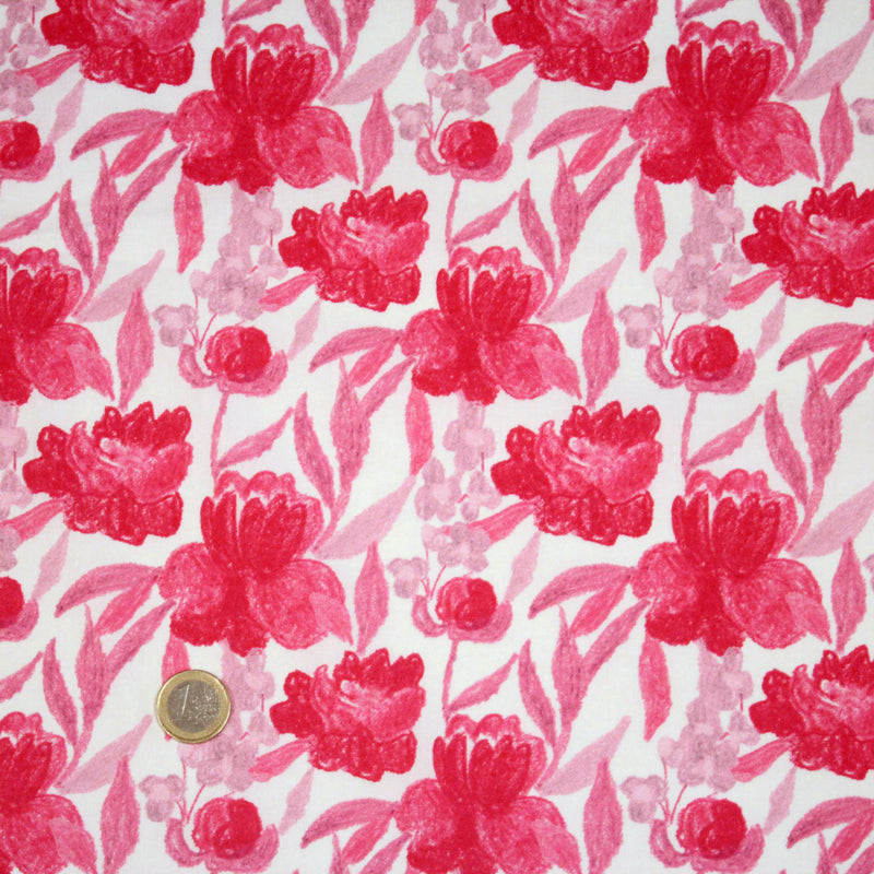 Tissu cotonnade fleurie rose fuchsia - COLLECTION FLEURS AU CRAYON - OEKO - TEX - TissusPapi.com