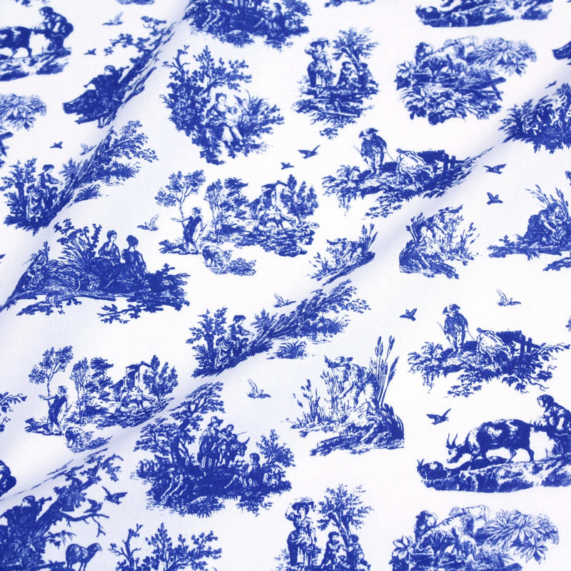 Tissu popeline de coton OBER - Toile de Jouy traditionnelle, fond blanc & motif bleu roi - TissusPapi.com