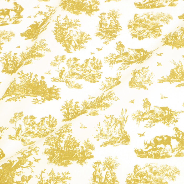 Tissu popeline de coton OBER - Toile de Jouy traditionnelle, fond blanc & motif jaune moutarde